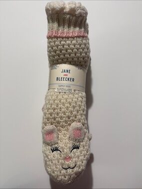 Jane and Bleecker Cream and Pink Plush-Lined Animal Face Slipper Socks